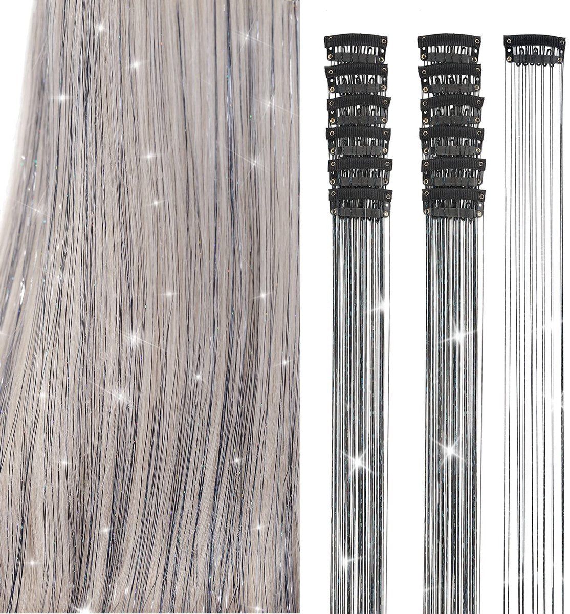 Hair Tinsels Festival Extensions Glitter 12 Piece Clip On Accessory Set 52Cm Long For Christmas And New Year Suitable Women Girls Children (Black)