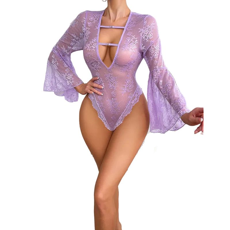 House Of Dasein Seductive Transparent Jumpsuit With Flare Sleeves And Lace Pajamas Deep V Hollow Out Erotic Underwear - Lavender Purple - M