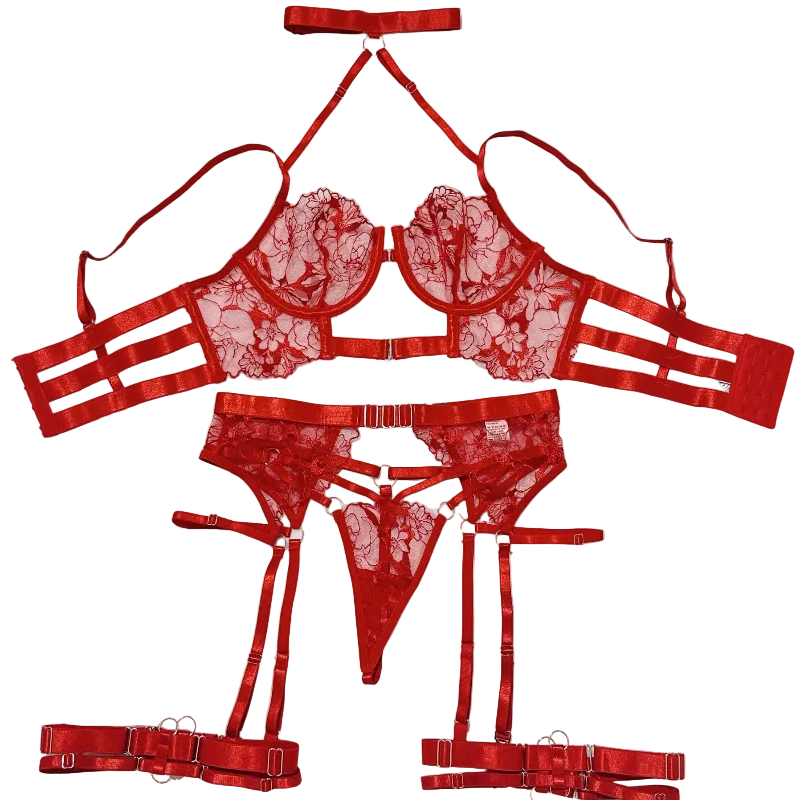 House Of Dasein Sexy Cross-Strap Embroidered Sheer Mesh Splicing Lingerie Set For Women - Red - L