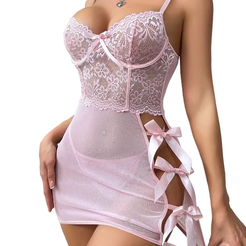 House Of Dasein Transparent Lace Splicing Lingerie With Thong And Thin Sleepwear Bow Backless Skirt Set - Pink - S