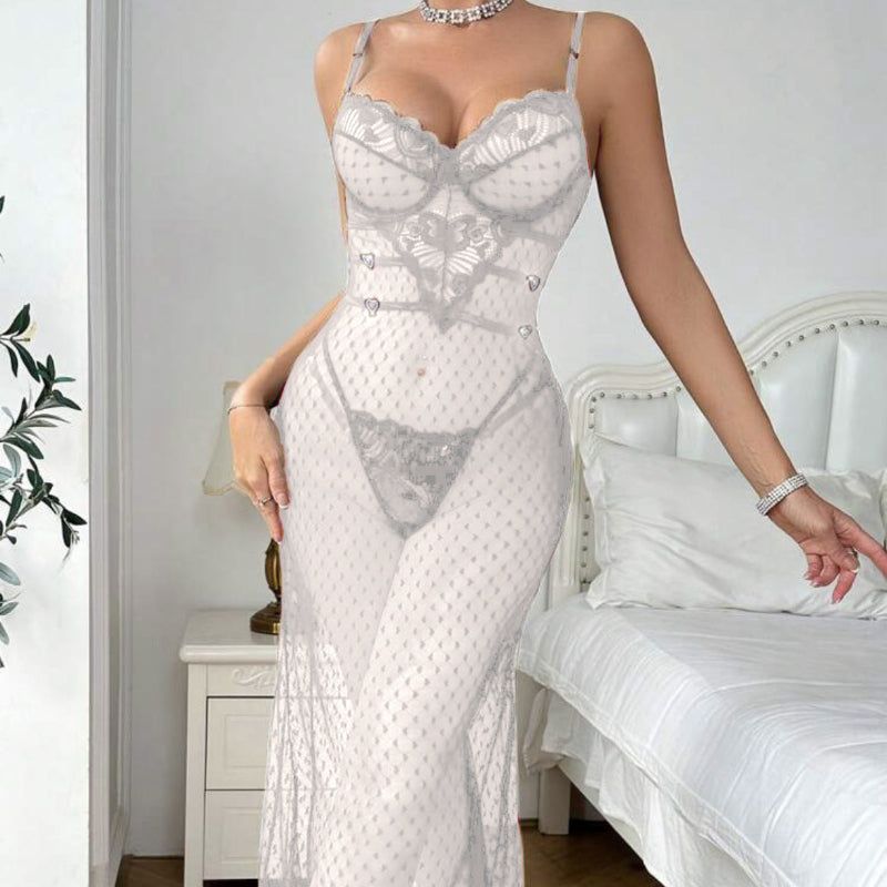 House Of Dasein Sexy And Alluring Lace Sheer Fitted Lingerie With Butt-Lifting Bodysuit Two-Piece Set - White - S
