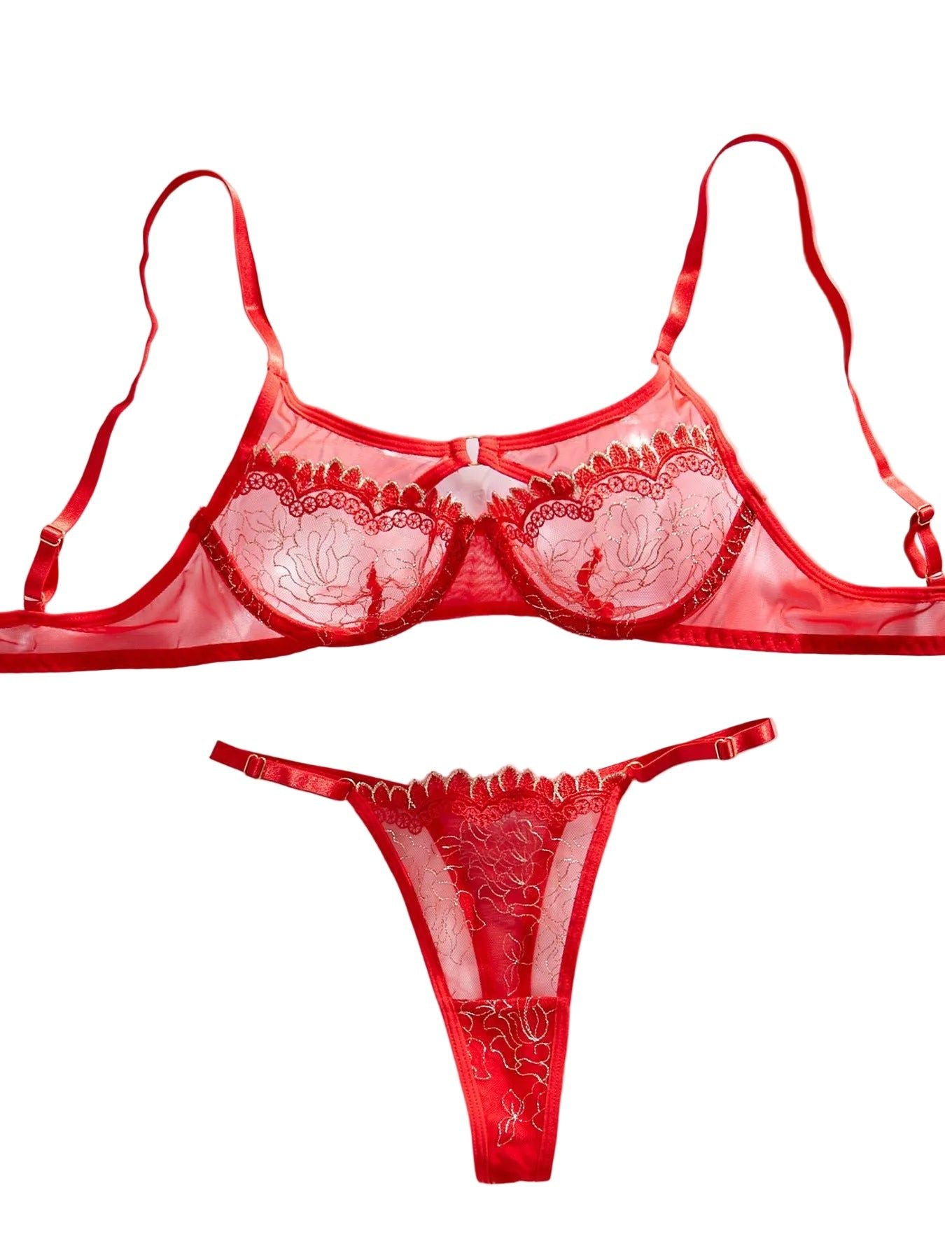 House Of Dasein Sexy Embroidered Splicing Hollow Design Underwear Two Piece Set - Red - M