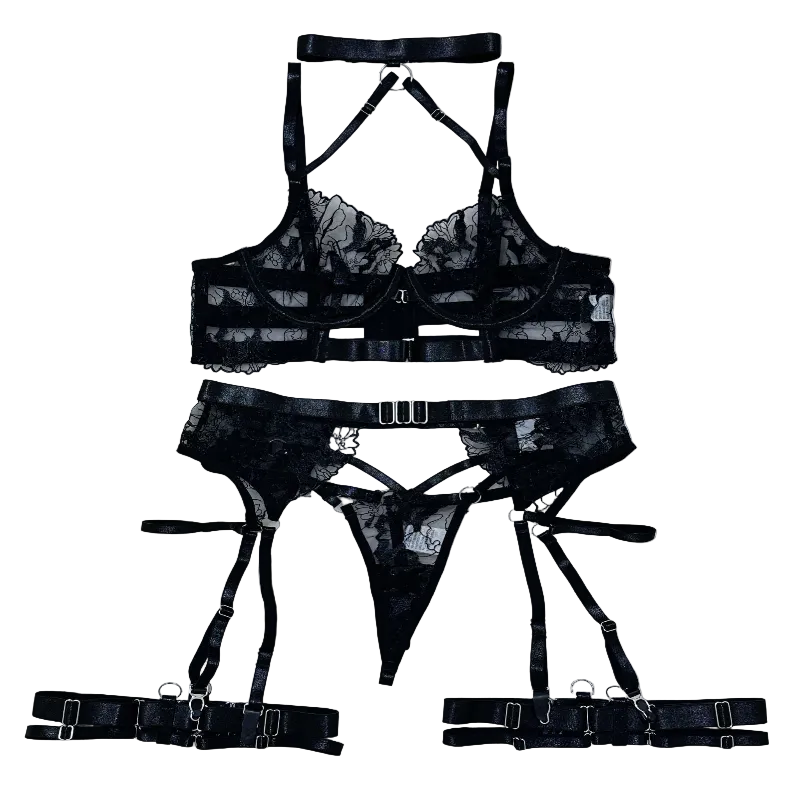 House Of Dasein Sexy Cross-Strap Embroidered Sheer Mesh Splicing Lingerie Set For Women - Black - S