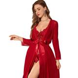 Sexy Mesh Transparent Long Sleeve Nightgown Erotic Set For Women - Wine Red - S