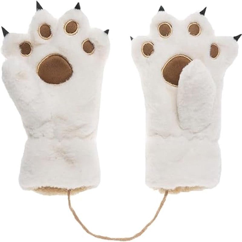 Gloves 1 Pair Winter Cartoon Neckband Children's Warm Plush One Sizeiwhitei