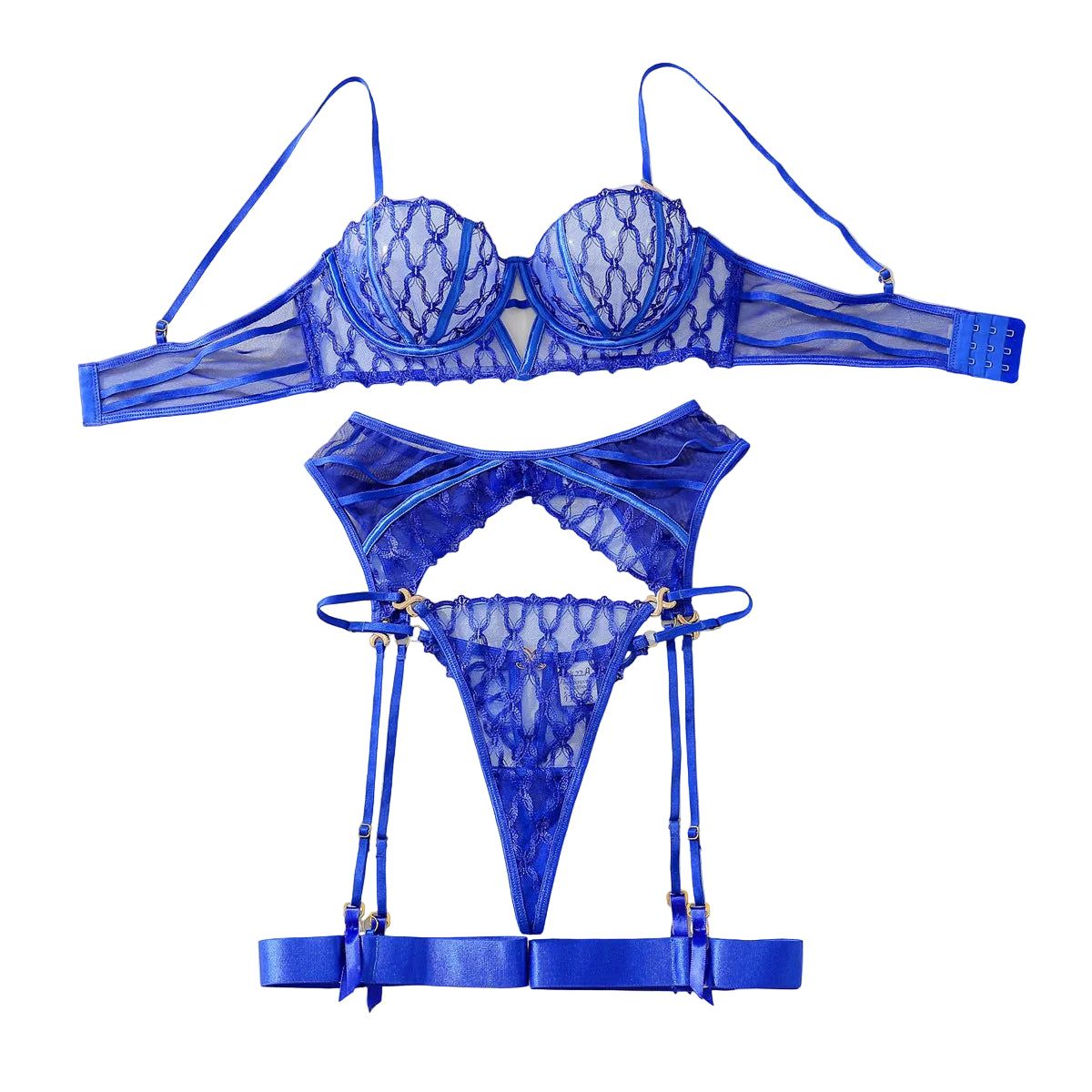 House Of Dasein Blue Embroidery Gathered Perspective Slim Fit Sexy Lingerie Split Set - Royal Blue - S