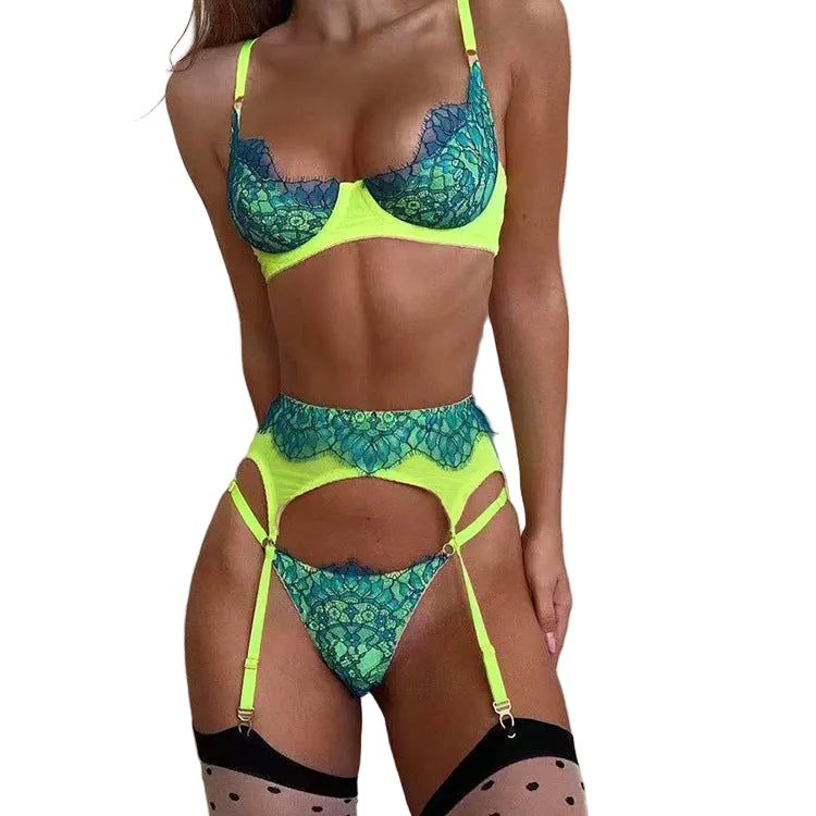 House Of Dasein Cross Border Wild Rose Three Color Lace Lingerie Set With Suspender Garter Belt Thong - Light Green - Xl