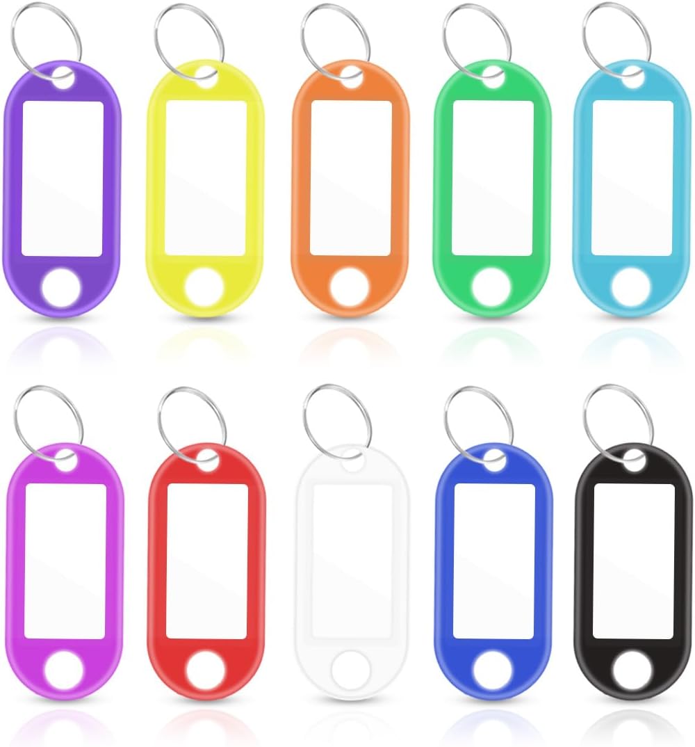 50 Pack Plastic Key Tags with Blank Paper Labels & Transparent Window Split Ring Rings Label Assorted Colors Id Tag Chain Identifiers for Luggage Name (10 Colors) 
