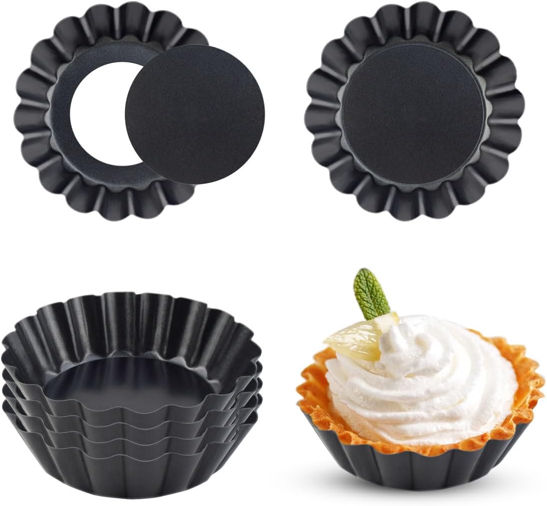 4 Pack Tart Pans Tortilla Pan Set Mini Molds Carbon Steel Taco Shell for Baking 3 Inch Salad Bowl Maker with Removable Bottom NonStick Fluted Side Quiche Cakes Pies (Black) 