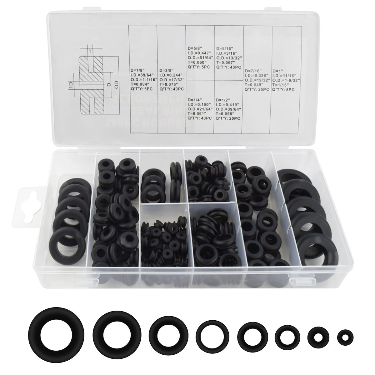180 Pcs Assorted Rubber Grommet Kit Assortment Sizes 7/8" 5/8" 7/16" Wire Grommets for Wiring Double Sided Round Firewall Hole Plug Plugs Automotiv 