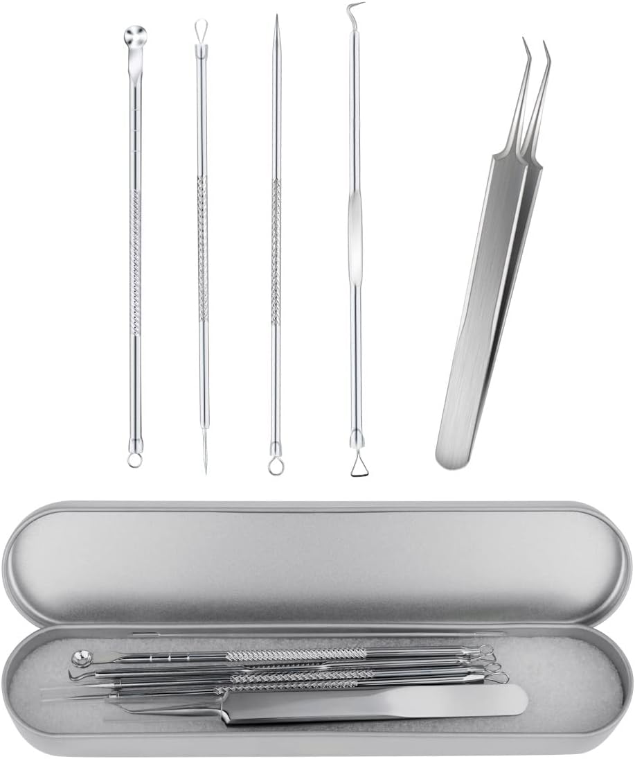 Blackhead Remover Tool Pimple Popper Kit 5 Pack Extractor Tools with Case Comedone Zit Acne Blemish Whitehead Removal Professional Stainless Steel for Face Nose 