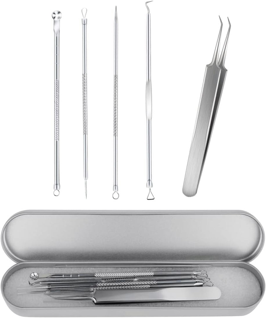 Blackhead Remover Tool Pimple Popper Kit 5 Pack Extractor Tools with Case Comedone Zit Acne Blemish Whitehead Removal Professional Stainless Steel for Face Nose 