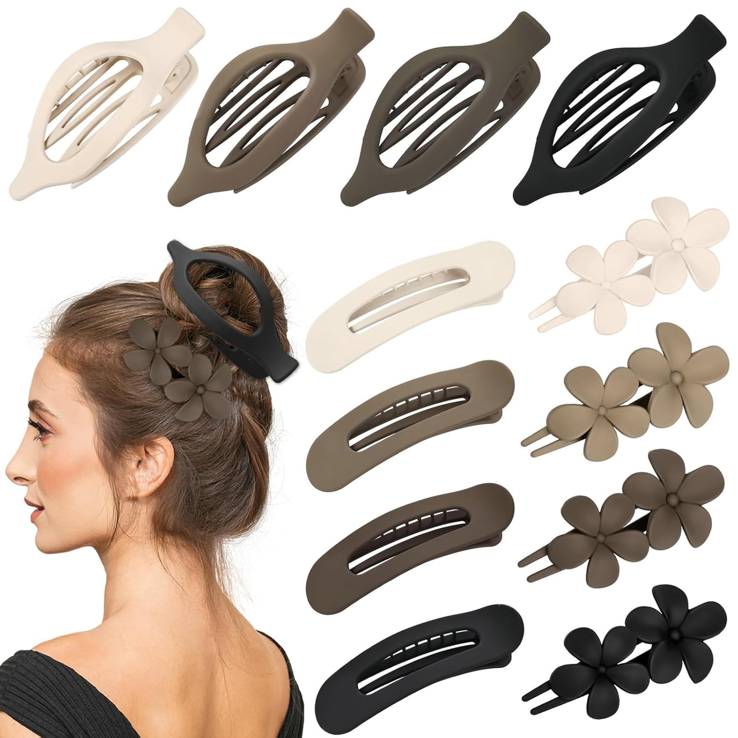 12 Pcs Neutral Colors Flat Hair Clips,  Flat Claw Clip for Women, Matte Non-Slip Flower Claw Clips for Thin Thick Hair, Suitable for Women and Girls Wedding Party Accessories