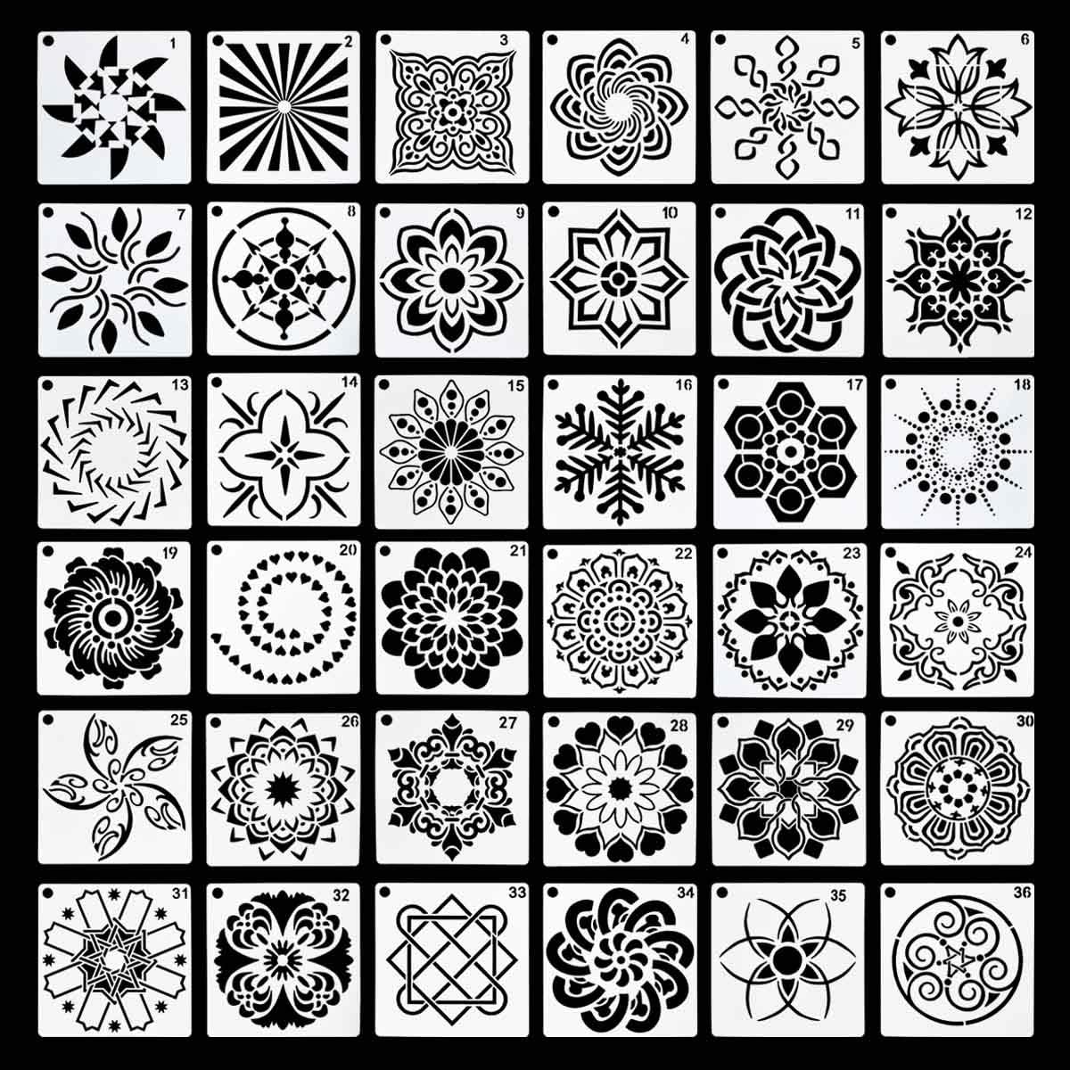 36 Pack Mandala Stencils (3.6x3.6 Inch) Dotting Painting Template Stencil Set for Perfect DIY Art Projects Wood Wall Floor Fabric Furniture Tile Christmas Gift (Reusable) 