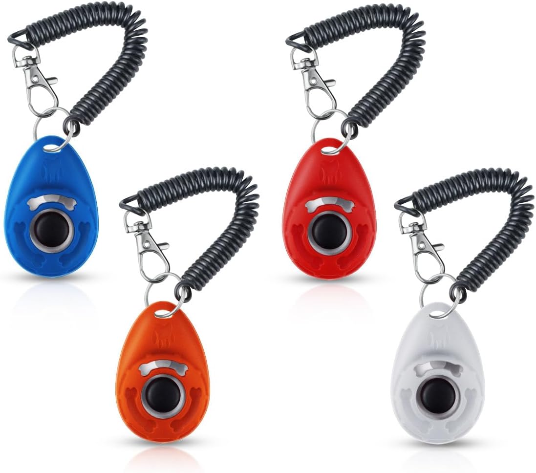 Petluno 4 Pieces Pet Training Clicker with Wrist Strap and Dog Treat Pouch for Puppy Cats Birds Kit Behavioral (White, Red, Orange, Blue) 