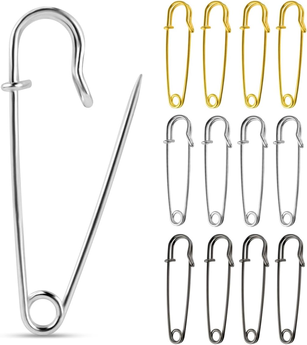 12 Pack Extra Large Safety Pins Blanket Pin Heavy Duty Bulk for Blankets Crafts Kilts Skirts Clothes Leather Canvas Silver Black Gold Metal Assorted Colors Spring Lock Fasteners 