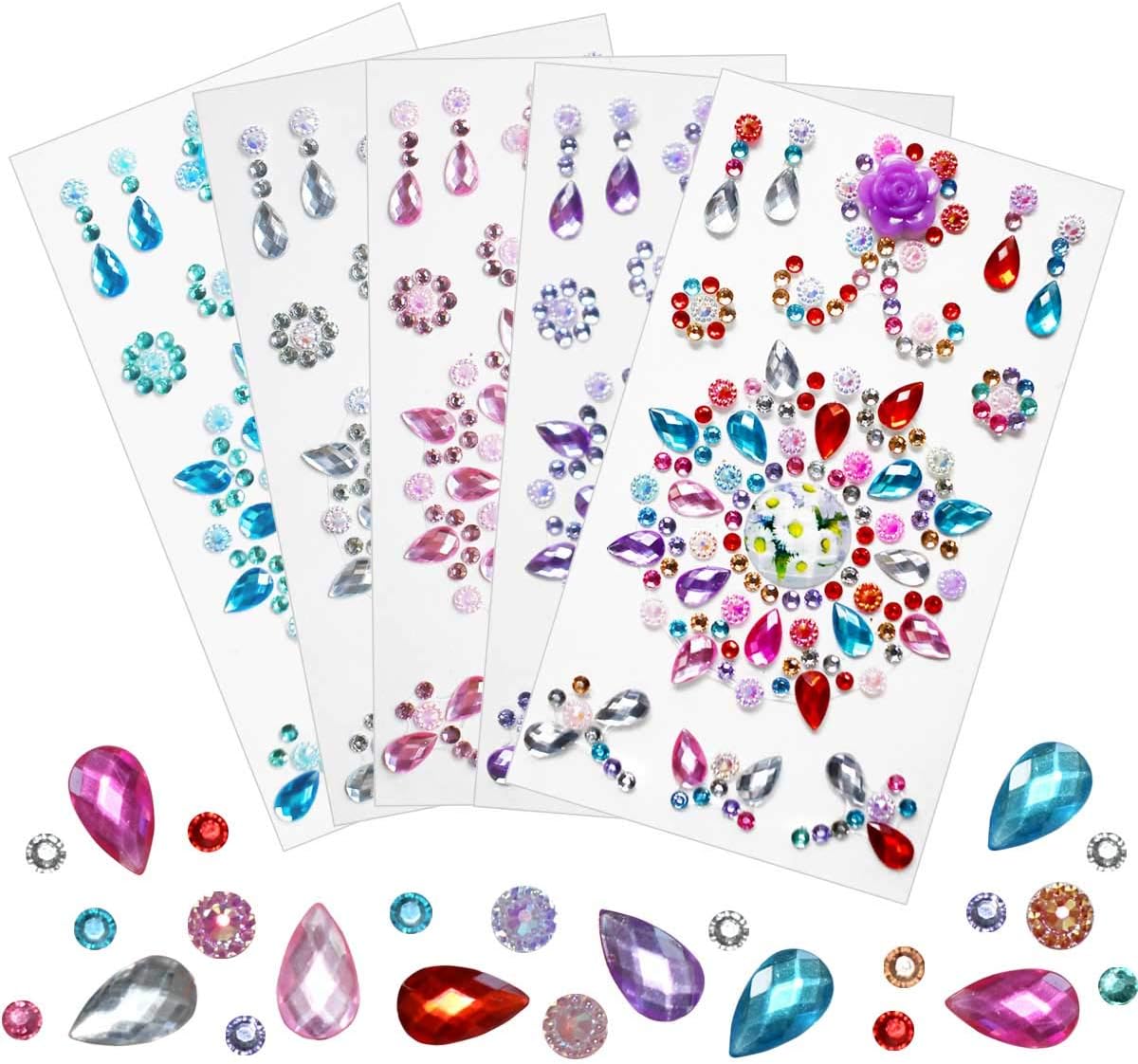 5 Sheets Jewels Stickers Self-Adhesive Craft and Gems Assorted Size Crystal Gem Flatback Sticker Mixed Shapes Rhinestone for Crafts Bling Jewel DIY Arts Projects Nail Body Multicolor 