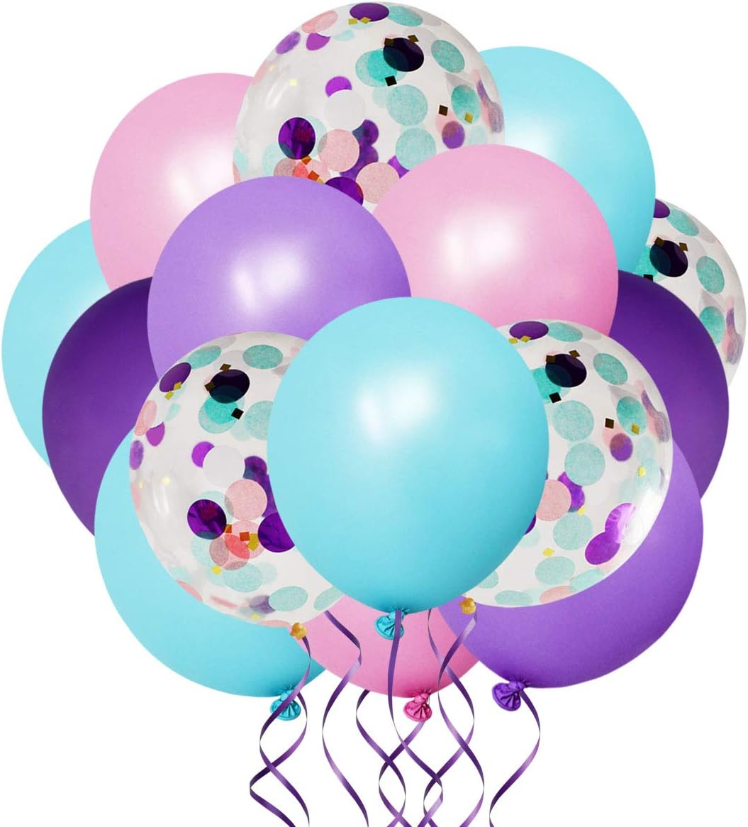 50 Pack Mermaid Party Balloons 12 Inch Light Purple Dark Pink Blue Latex & Confetti Birthday Bridal Shower Wedding Baby Decorations Princess Supplies 