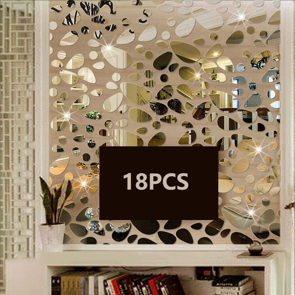 Petluno 18PCS Silver Mirror Decals Acrylic Cobblestone Shape Wall Stickers(Not a Real Mirror), DIY Decor for Home Room Bedroom Office Decoration 