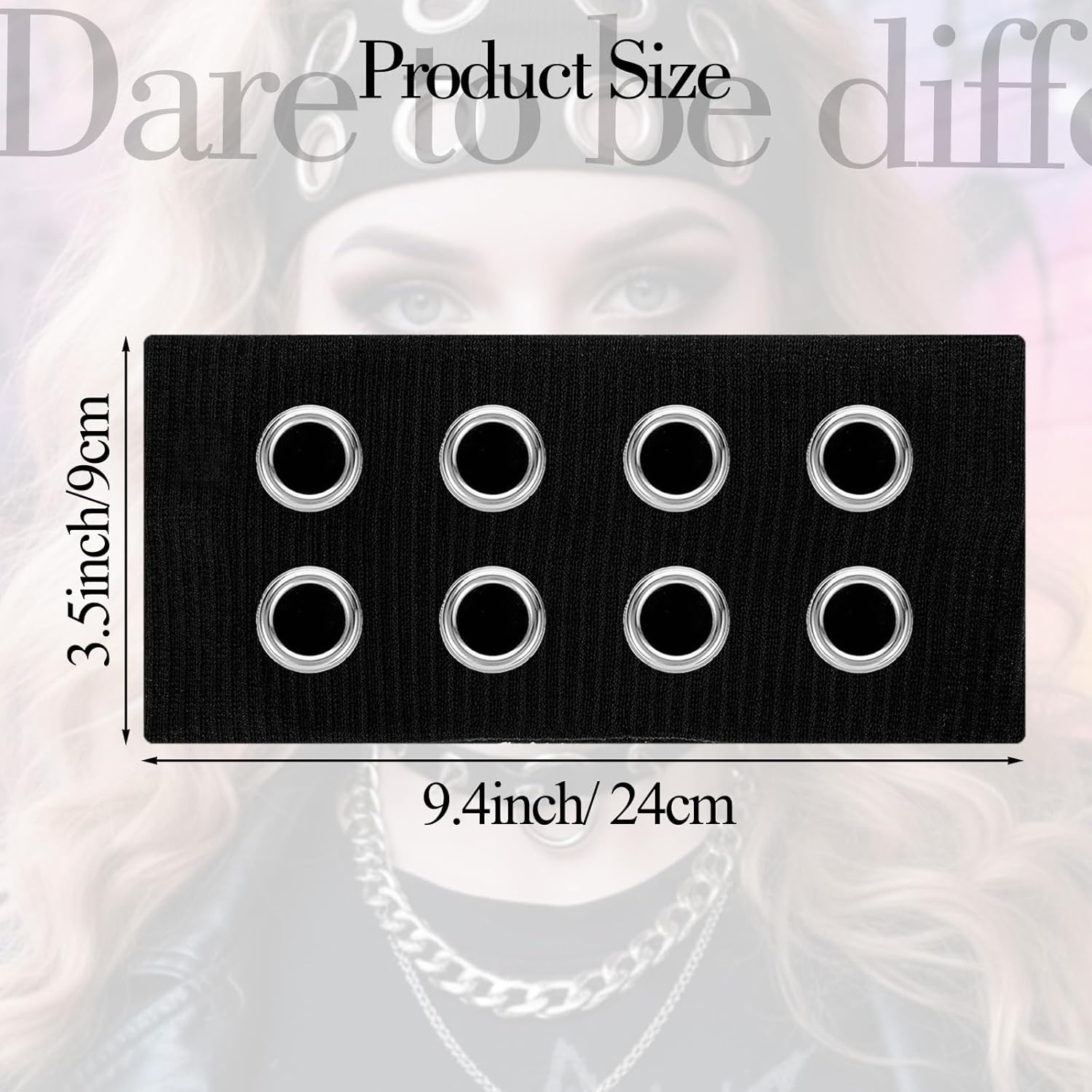 Grommet Headband, Black Women Hollow Out Eyelets Elastic Headband with Holes, Y2K Punk Goth Grunge Accessories Fashion Wide Headbands Stretchy Casual Hair Bands for Girls Women (9.4×3.5 Inch)