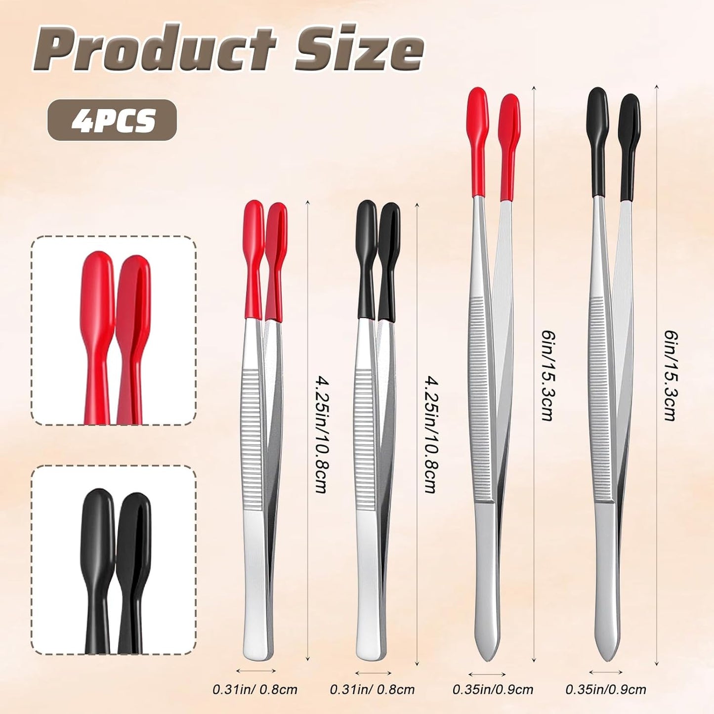 4 Pieces Rubber Tipped Tweezers, Forceps Silicone Coated Flat Tip Long Bent Precision Tweezers, Hobby Craft Tweezer Tools for Crafting Stamps Coins Jewelry Industrial Electronic Lab (Black & Red)