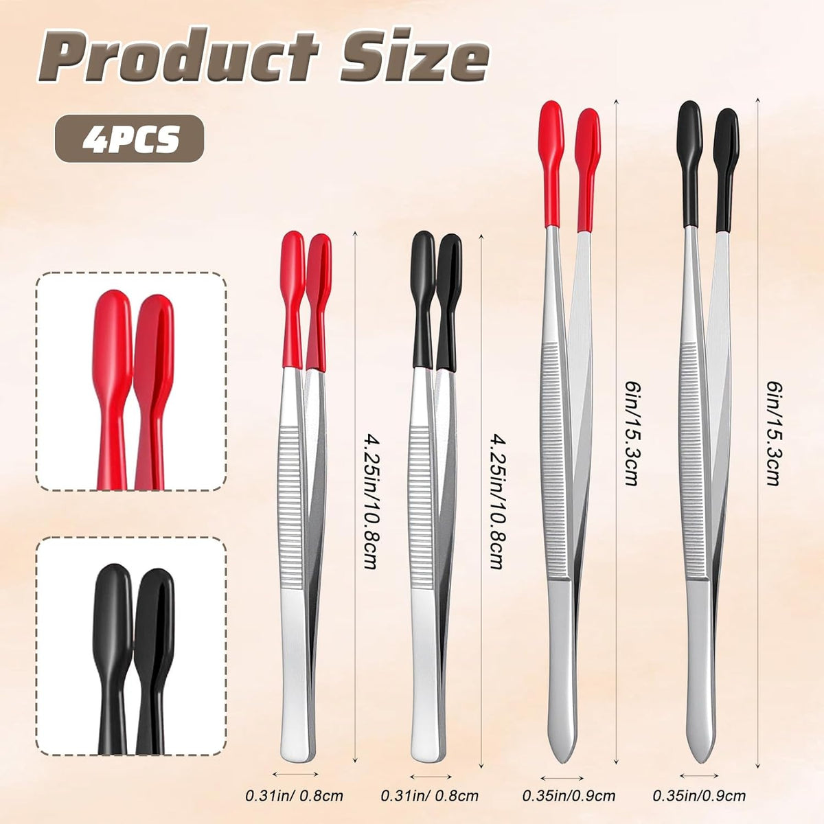 4 Pieces Rubber Tipped Tweezers, Forceps Silicone Coated Flat Tip Long Bent Precision Tweezers, Hobby Craft Tweezer Tools for Crafting Stamps Coins Jewelry Industrial Electronic Lab (Black & Red)