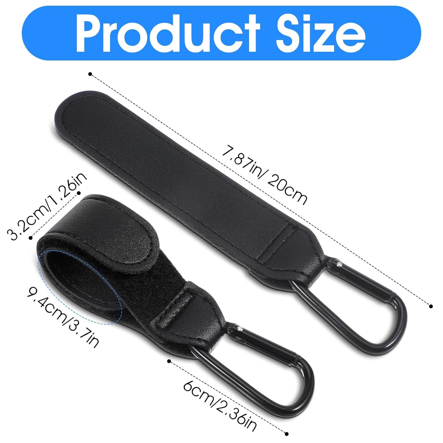 Xindojuz 2 PCS Stroller Hooks for Bags, Multipurpose Stroller Straps with Large Carabiner Clip for Hanging Diaper Bag and Strollers Organizer Accessories for Wheelchair, Shopping and Pet Carts (Black)