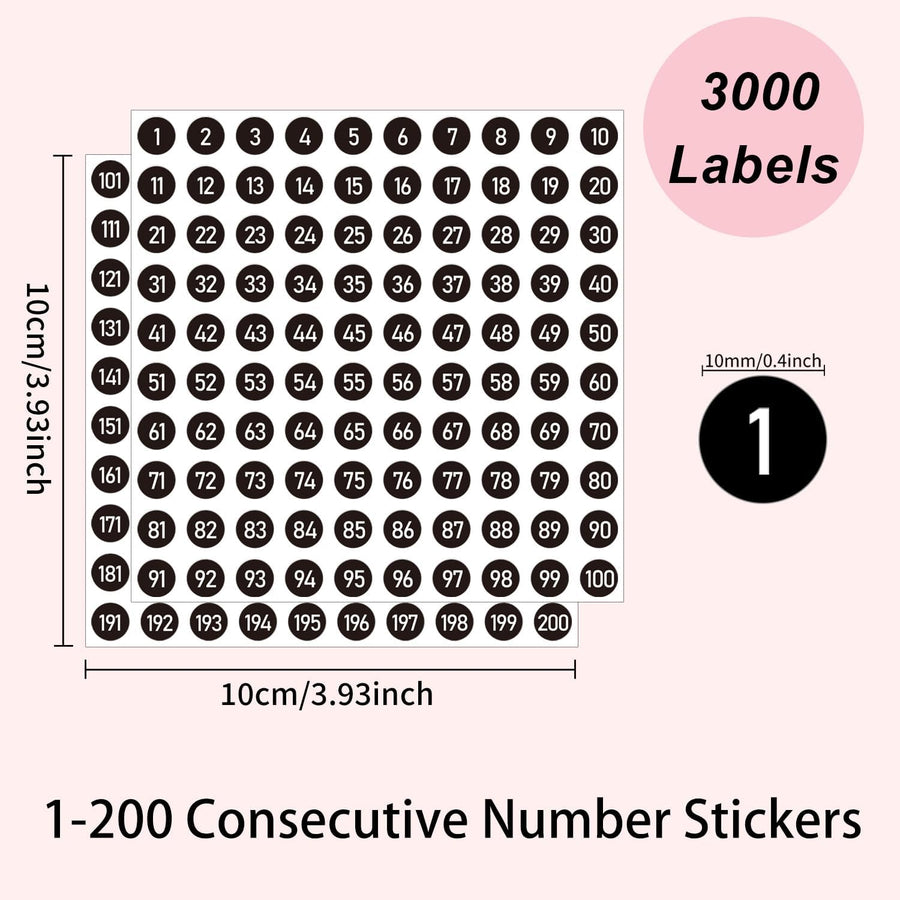 3000 PCS Number Stickers Labels, 0.4'' Black Consecutive Number Stickers 1-200, Vinyl Numbered Sticker, Self-Adhesive and Residue-Free, Use for Indoor and Outdoor