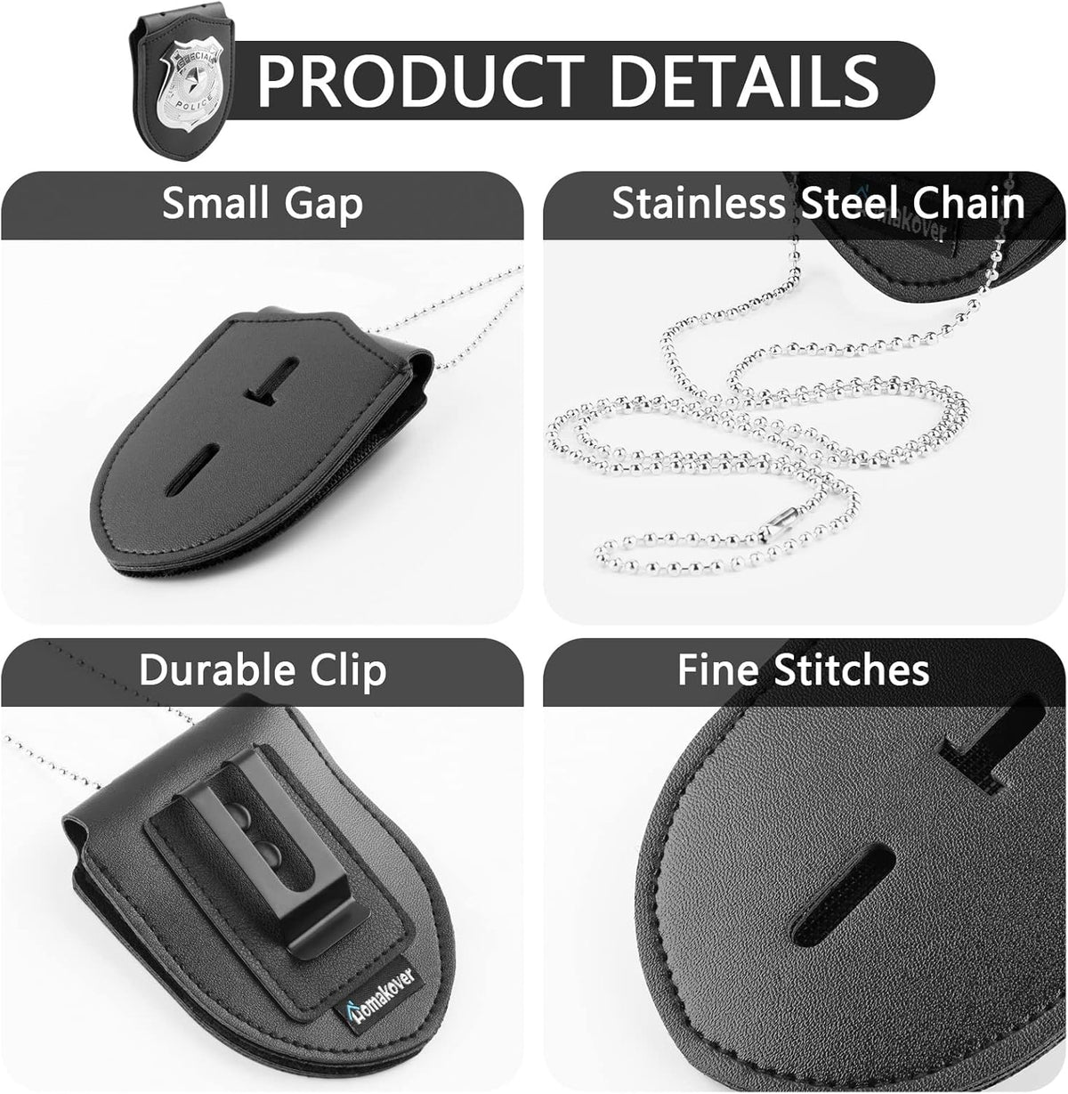 Black sheriff badge holder with steel belt clip and necklace