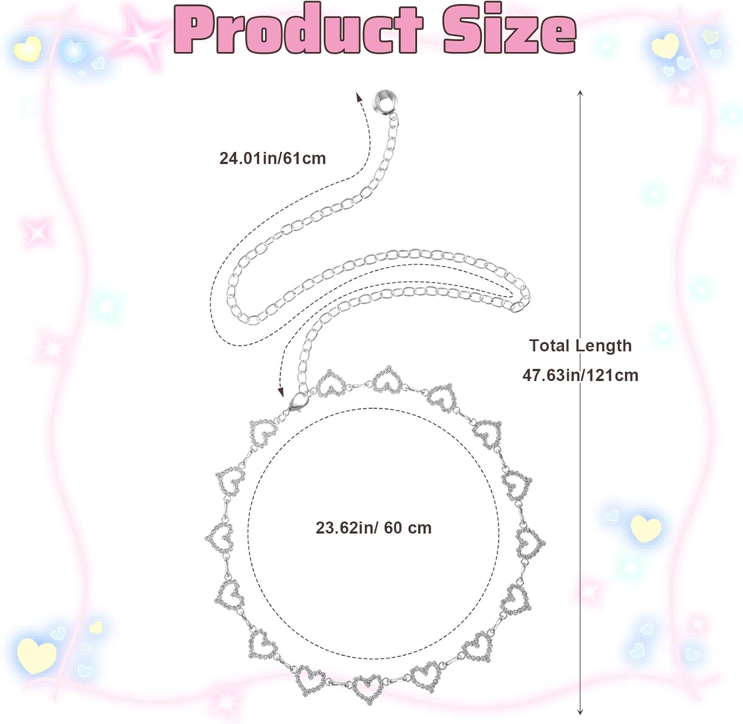 Xindojuz Heart Chain Belts for Women, 48" Fashion Waist Chain Rhinestone Flower Girls Belt, Adjustable Metal Body Belly for Dresses Jeans Bikini Jewelry Heart Waist Necklace Bikini Chains