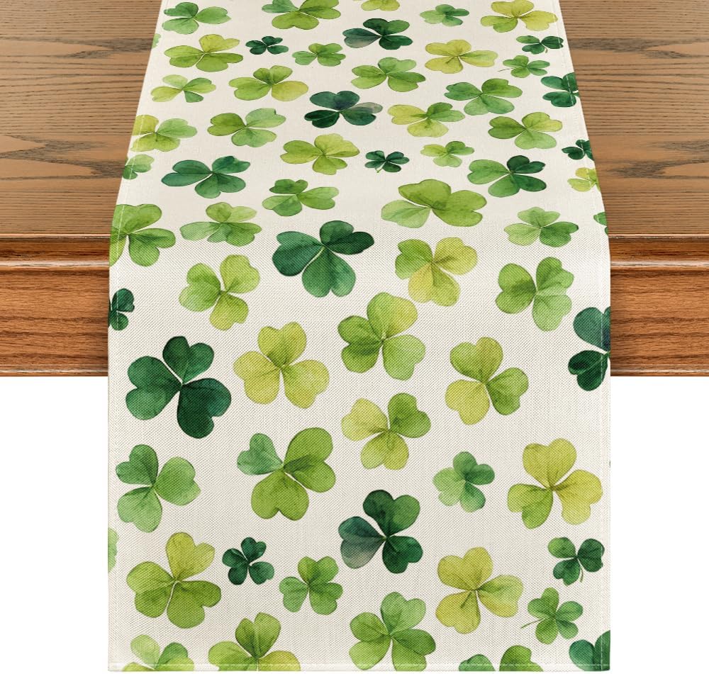 Shamrock St. Patrick's Day Table Runner, Seasonal Spring Lucky Kitchen Dining Table Decoration for Home Party Decor 13 x 72 Inch