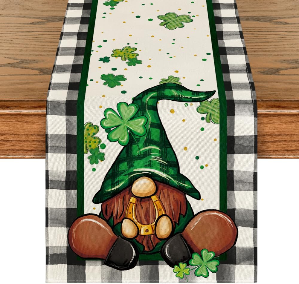 Buffalo Plaid Shamrock Gnome St. Patrick's Day Table Runner, Seasonal Spring Holiday Kitchen Dining Table Decoration for Indoor Outdoor Home Party Decor 13 x 72 Inch