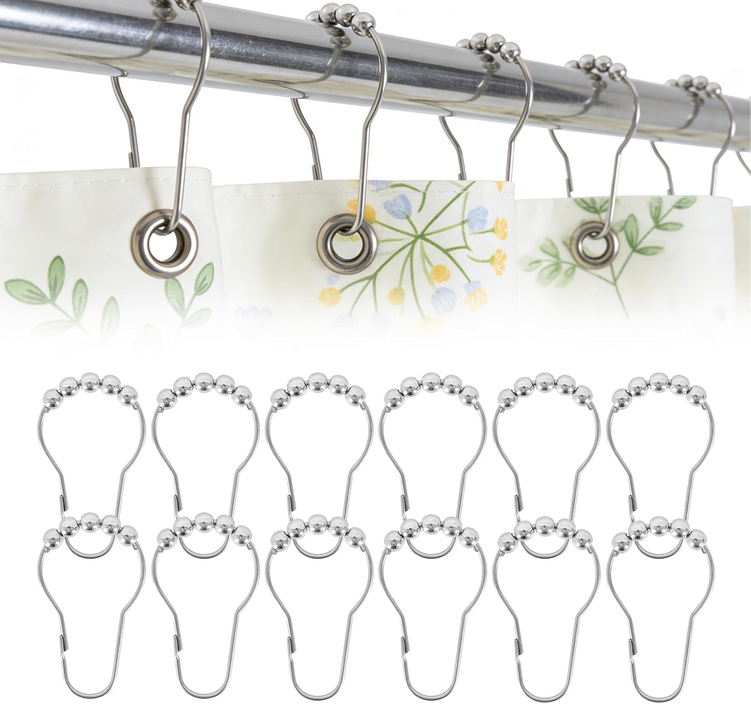 12 Shower Curtain Hooks, Suitable for Bathroom Shower rods for Rust-Proof Decorative Stainless Steel Shower Curtain Hooks, Silver