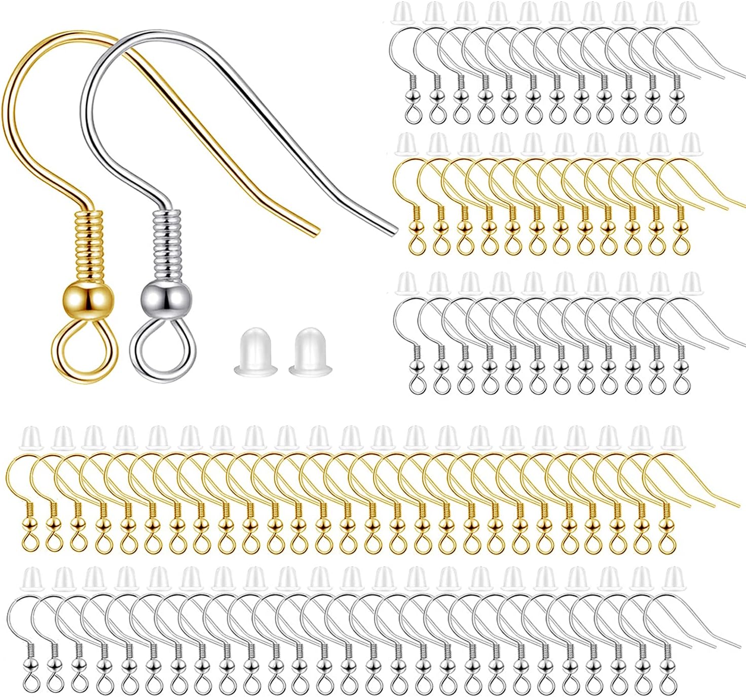 200pcs Mix Earring Hooks & Backs, Silver & Gold, 100pcs Hooks & 100pcs Backs, DIY Earring Supplies
