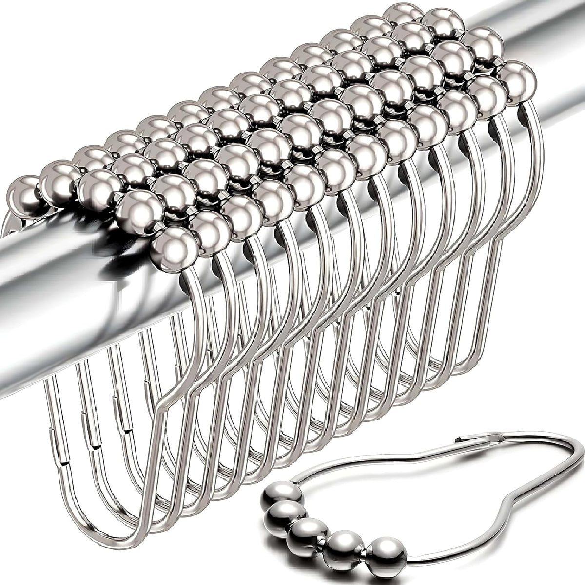 Shower Curtain Hooks Rust Proof (Set of 12) - Stainless Steel Shower Curtain Rings - Anti Slip Roller Balls for Easy Glide (Secure Lock Hooks, Polished Nickel)