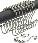 Shower Curtain Hooks Rust Proof (Set of 12) - Stainless Steel Shower Curtain Rings - Anti Slip Roller Balls for Easy Glide (Omega Double Hooks, Polished Nickel)