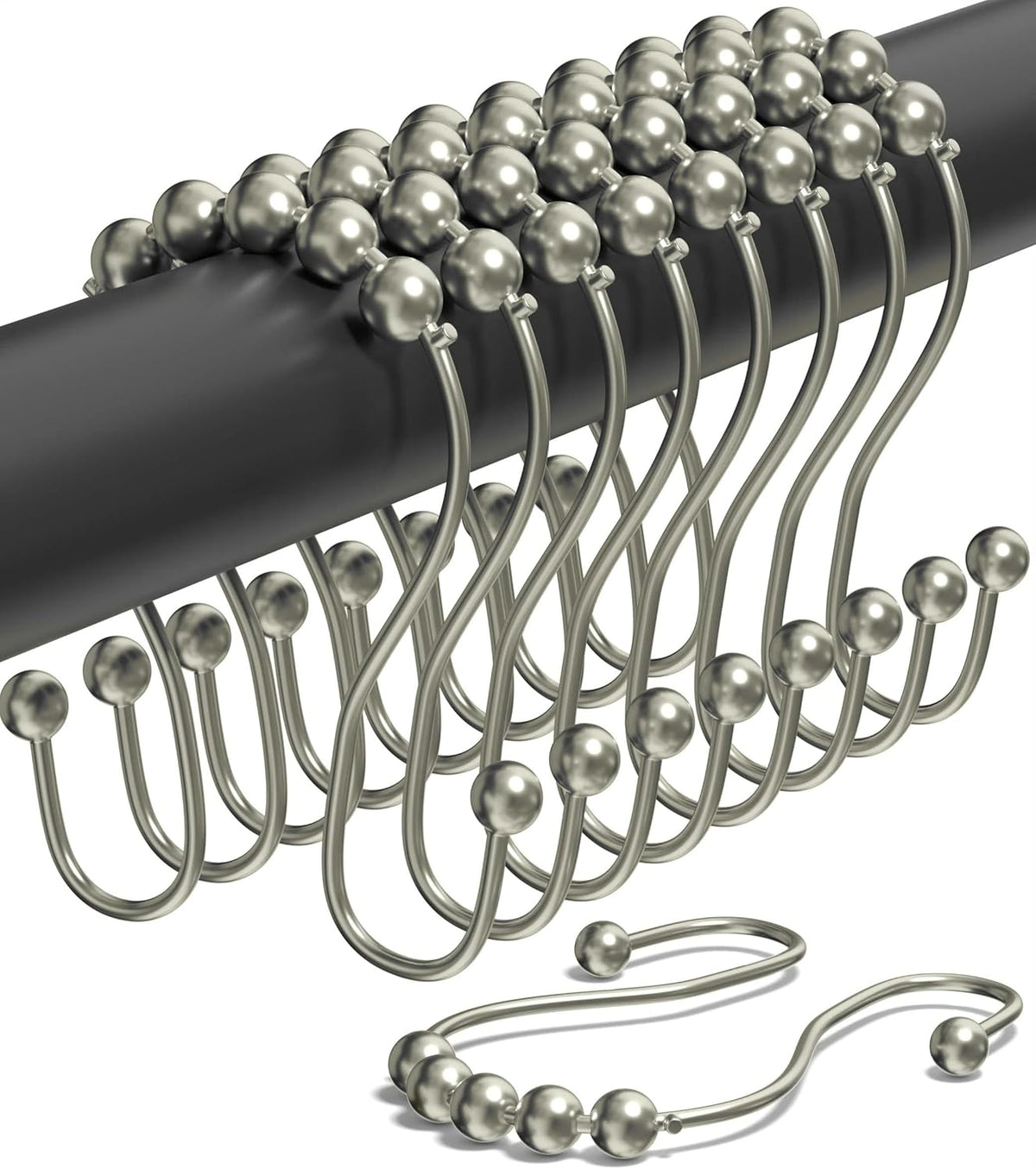Shower Curtain Hooks Rust Proof (Set of 12) - Stainless Steel Shower Curtain Rings - Anti Slip Roller Balls for Easy Glide (Omega Double Hooks, Polished Nickel)