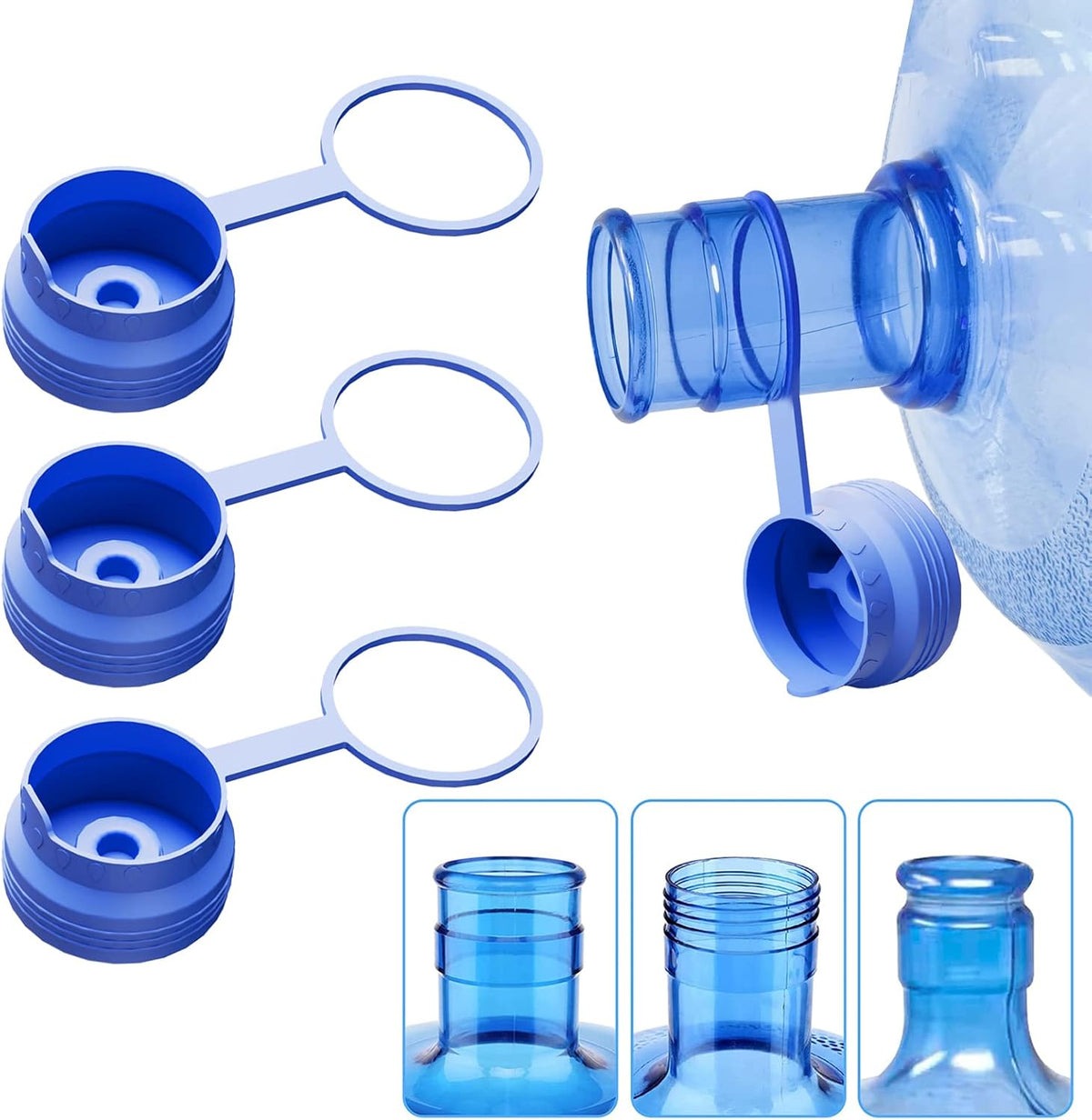 3 & 5 Gallon Water Jug Cap Reusable, Food Grade Silicone Replacement Gallon Caps for 55mm Standard/Screw/Crown Tops Water Bottle and Water Dispensers, Non-Spill Lids for Anti-Splash, Leak Free (3PCS)