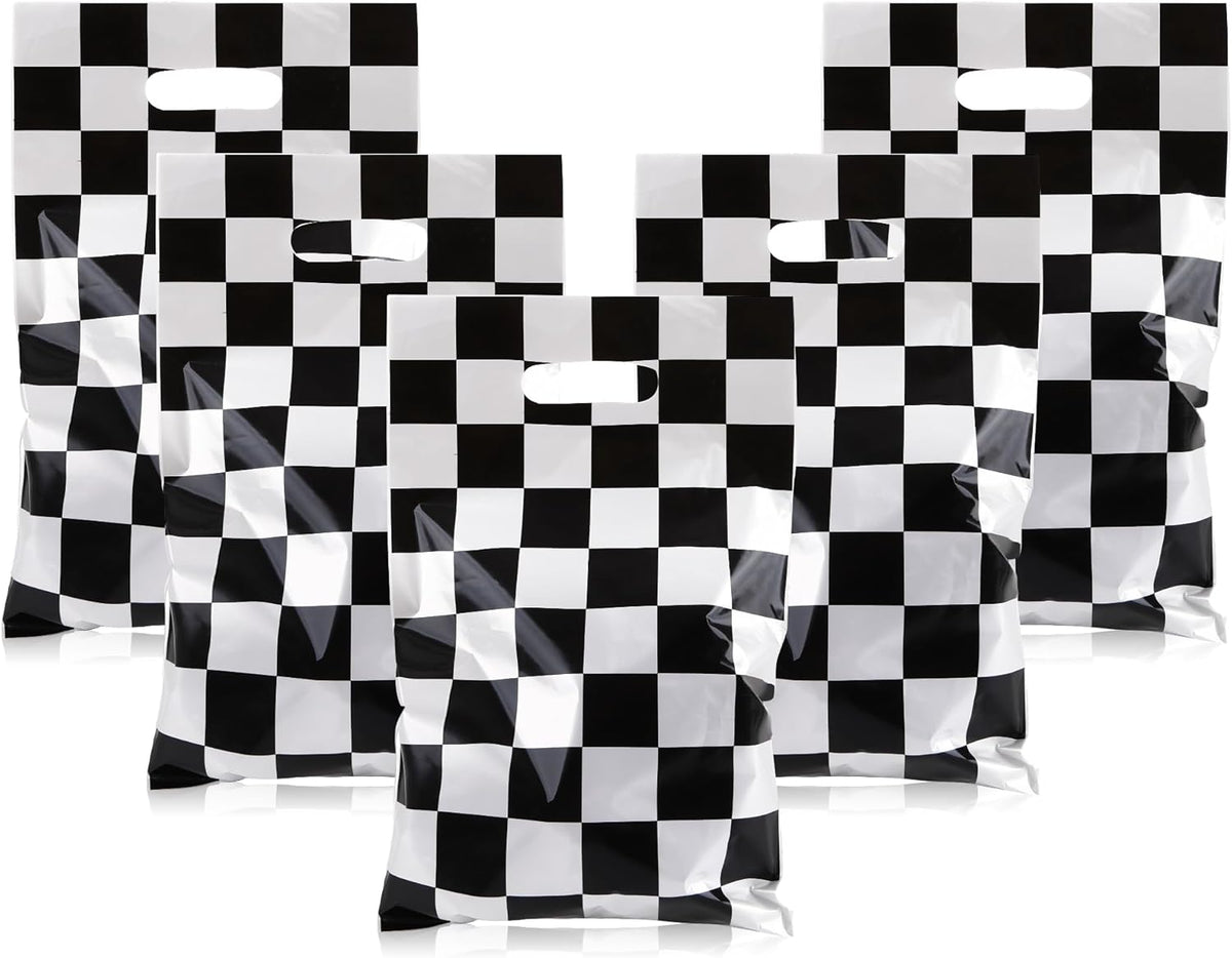 30Pcs Race Car Party Favors Bag Goodie bags Racing in Speed Party Decorations Soccer Theme Black and White Checkered Candy Bags with Handles for Kids Race Car Birthday Party Supplies