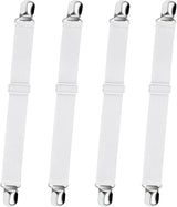 Bed Sheet Straps,  Adjustable Elastic Fitted Sheet Corner Holders Straps to Stay in Place, Non-Slip Fasteners Clips Compatible for Crib to King Size Bed, White 4Pcs