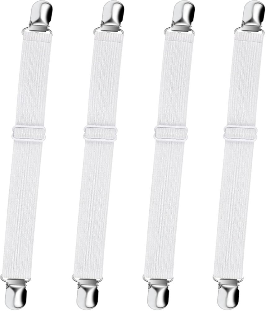 Bed Sheet Straps,  Adjustable Elastic Fitted Sheet Corner Holders Straps to Stay in Place, Non-Slip Fasteners Clips Compatible for Crib to King Size Bed, White 4Pcs