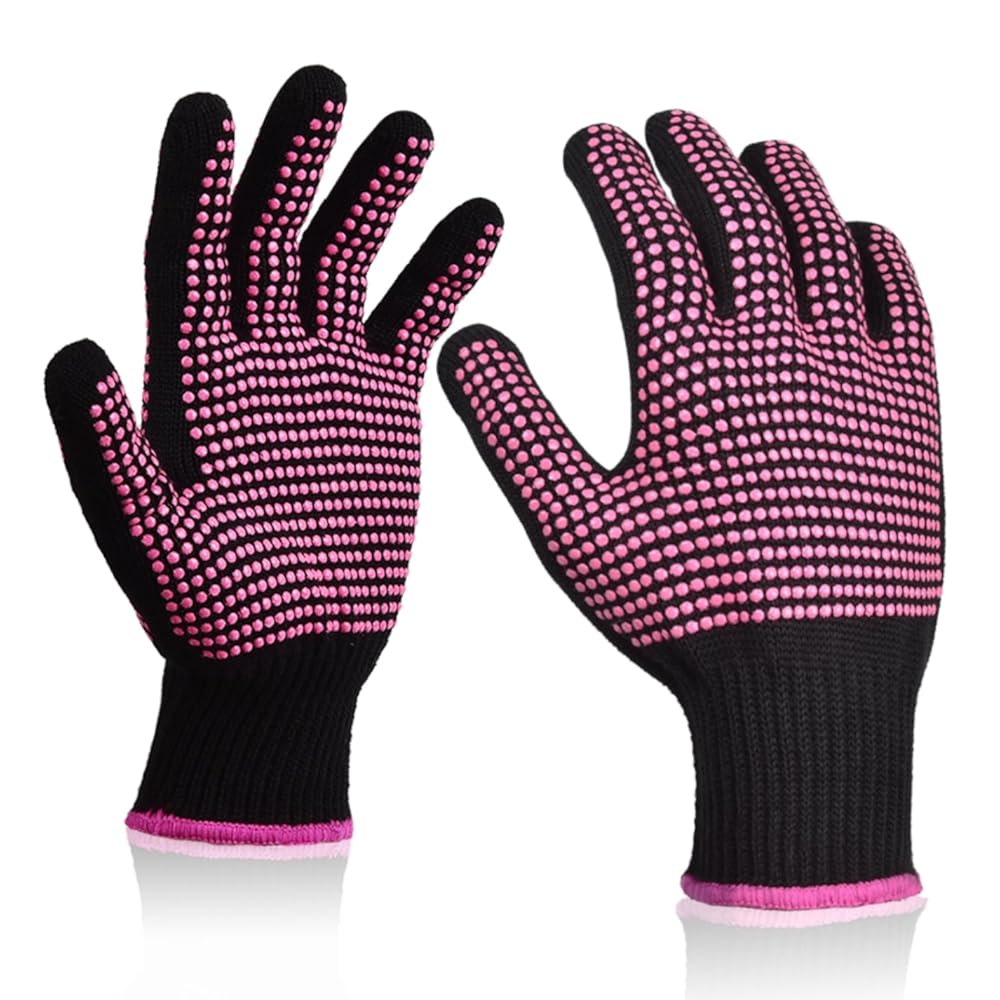 2Pcs Heat Resistant Gloves with Silicone Bumps, Professional Heat Protection Gloves for Hair Styling, Mitts for Curling Iron Wand Flat Iron Sublimation, Rose Red