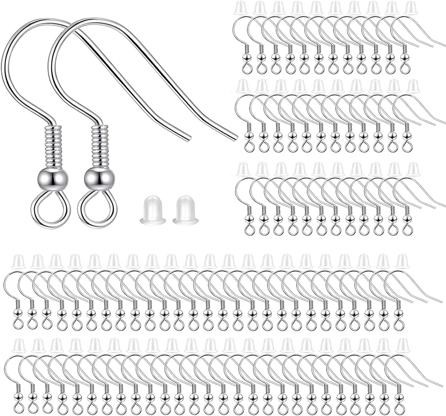 Fish Hook Earring Hooks 150pcs Earring Findings with Backs for Ear Wire Supplies Ear Post Making DIY (150pcs Silver Earrwires and 150 pcs Backs, Total 300pcs)
