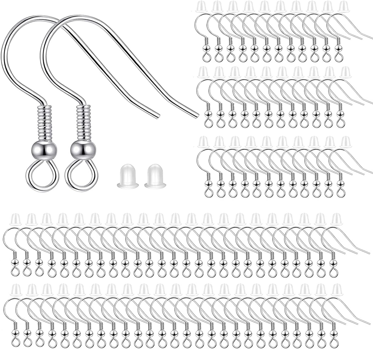 Fish Hook Earring Hooks 150pcs Earring Findings with Backs for Ear Wire Supplies Ear Post Making DIY (150pcs Silver Earrwires and 150 pcs Backs, Total 300pcs)