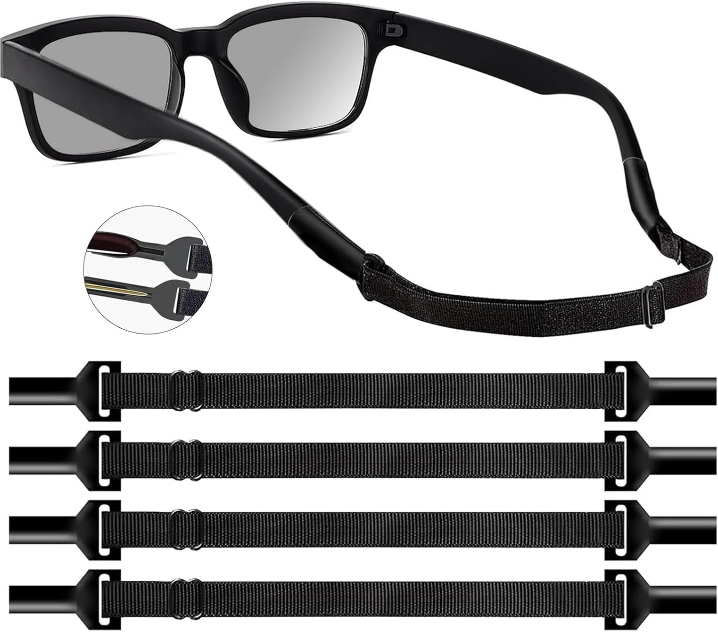 Adjustable Glasses Strap Eyeglasses Strap 4 Pack Sunglasses Strap No Tail Eye Glasses Holders around Neck for Men Women Kids Eyeglass Holders Sports Glasses Strap Black (9.5-13.5 inch) 1