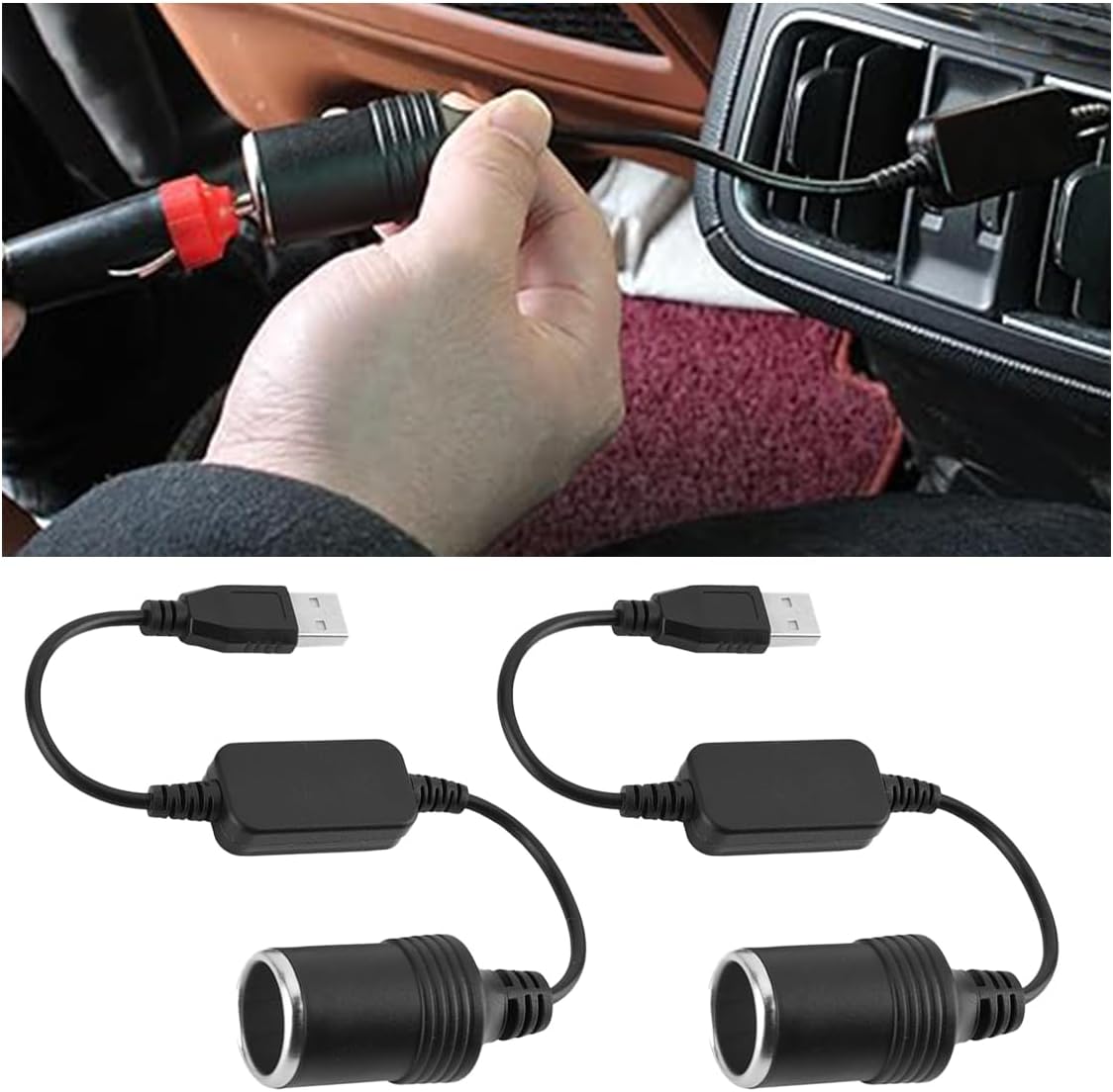 2PCS Car Cigarette Lighter Socket, USB A Male to 12V Cigarette Lighter Female Power Converter, Auto Cigarette Lighter Socket Cable Adapter, Fit for Car Recorder, Electronic Dog