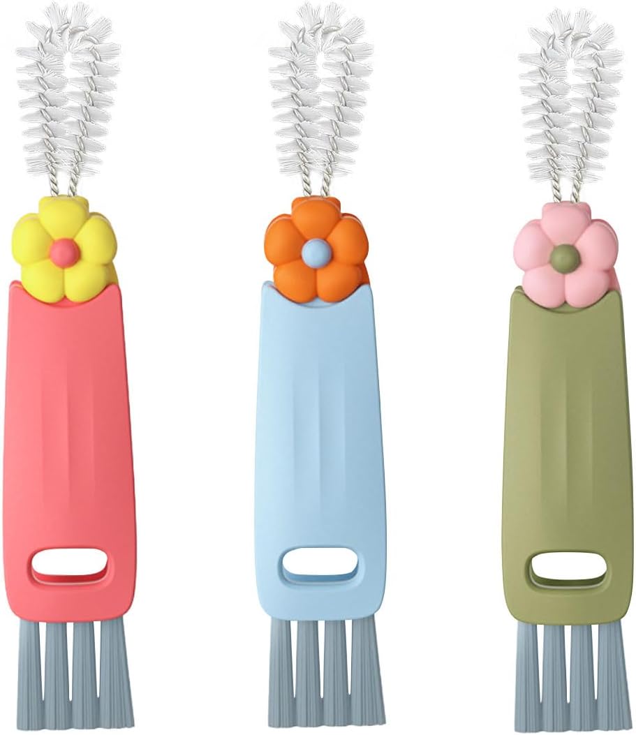 3 in 1 Cup Lid Cleaning Brush Set for Bottle Gap Tight Spaces Cup - Multifunctional Cleaning Brush Portable Crevice Cleaning Tools - Cup Mouth Scrubber Cup Lid Cleaner with Flower Design (3PCS)