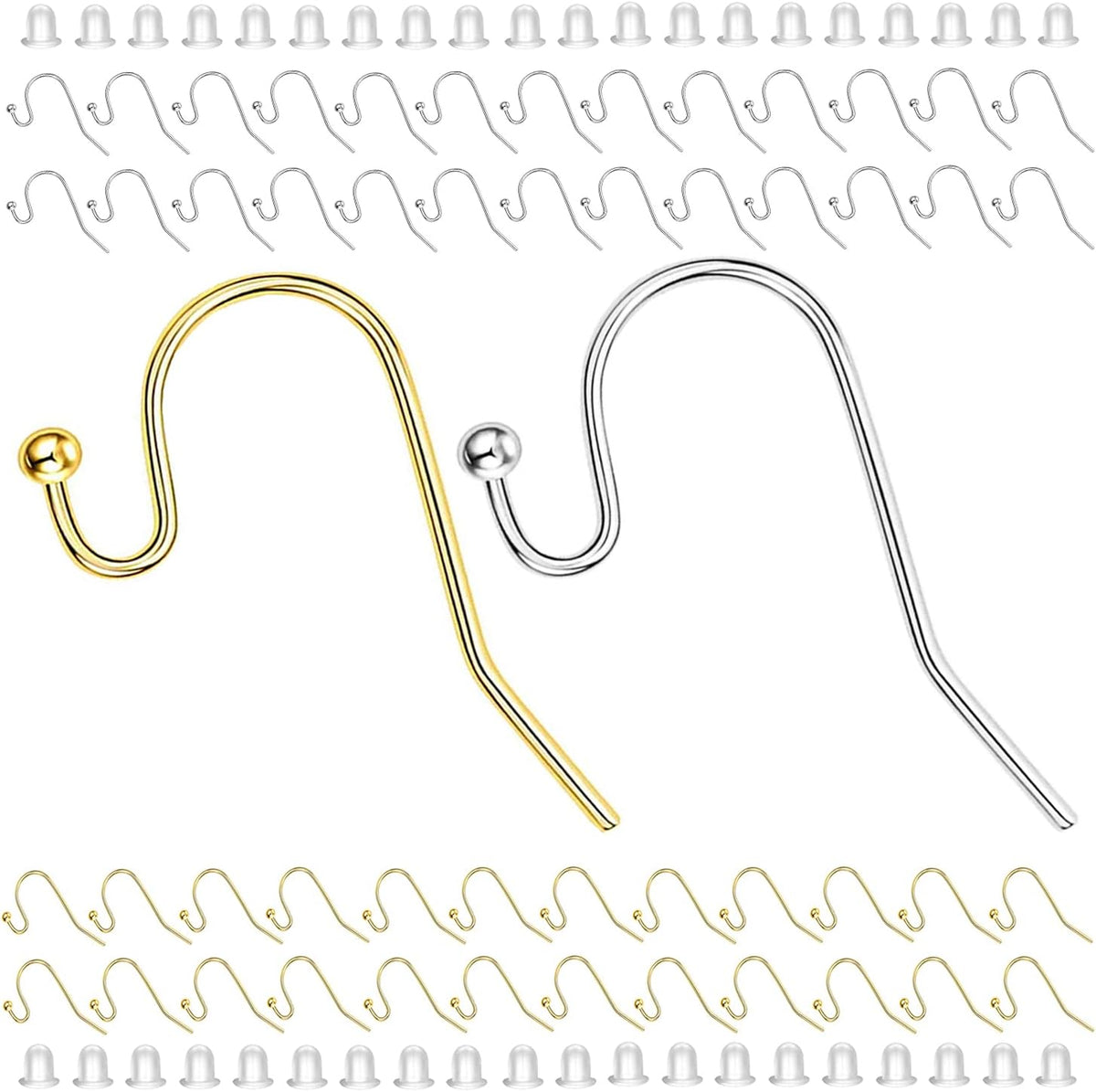 Earring Hooks 100pcs Mix Color Ball Dot Ear Wire with Rubber Backs Earwire for Jewelry Making Earring Supplies (50pcs Ear Wire Each Color and 100pcs Backs, Total 200pcs)