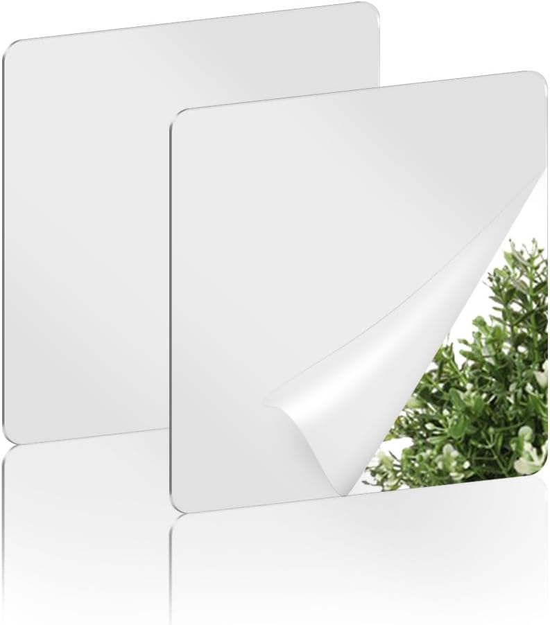 2 Pack Self Adhesive Acrylic Mirror, 2MM Flexible Plastic Mirror, Shatterproof PS Frameless Wall Mirror for Bathroom Vanity and Entryway (6 x 6 inch)