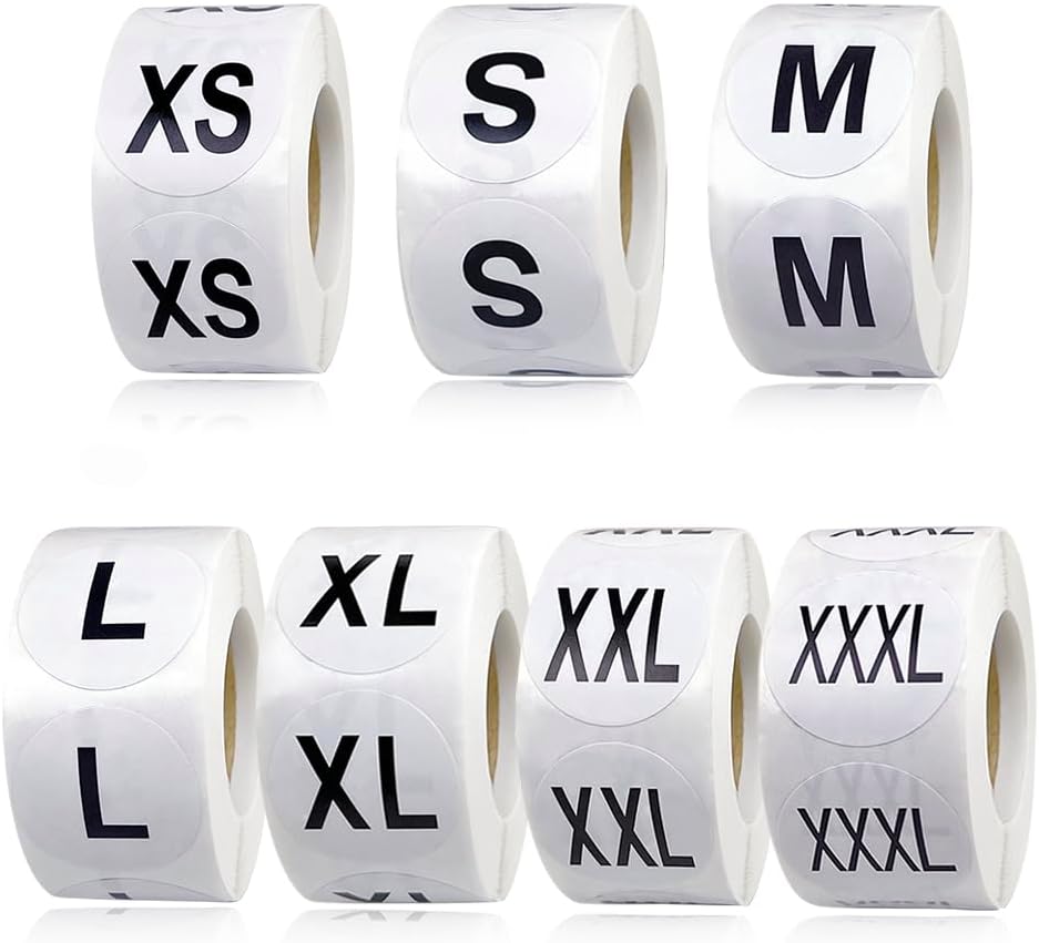 3500 Pcs Clothing Size Stickers, 1 Inch Round Self Adhesive, 7 Sizes XS-S-XXXL for T Shirts (Black)